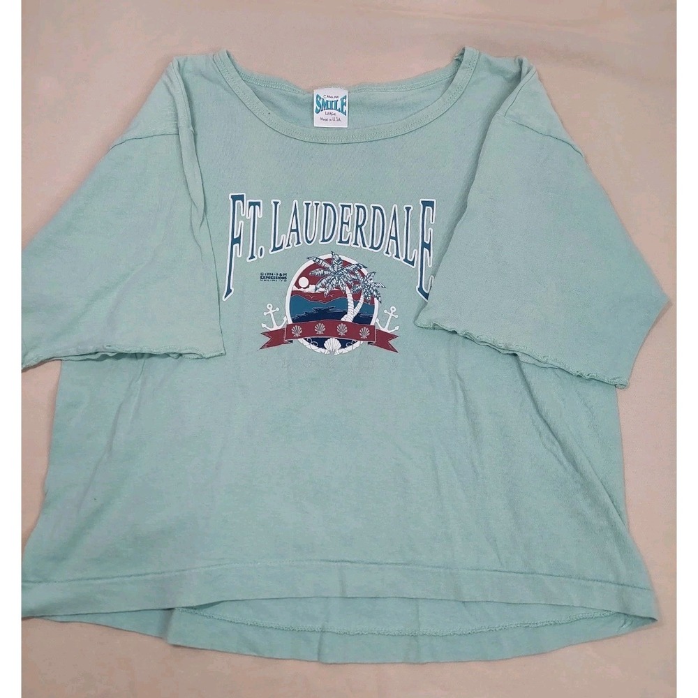 Vintage 90s Ft Lauderdale Florida T Shirt Green Cropped Boxy M USA 100% Cotton